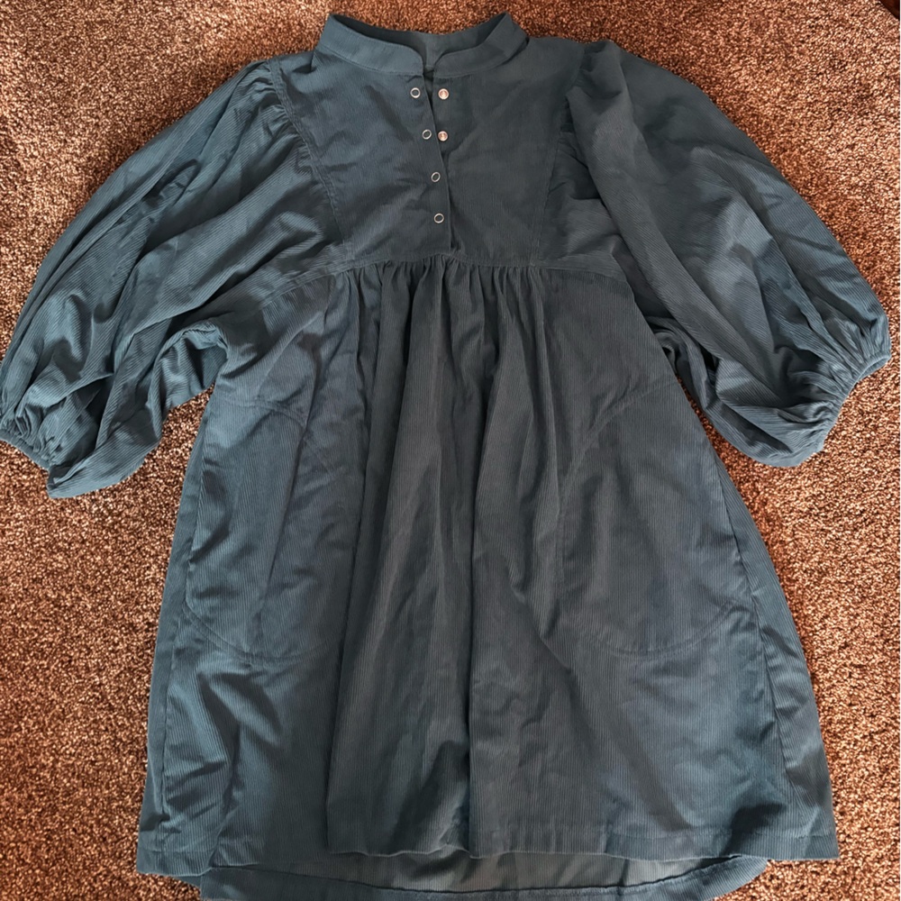 Teal and red Corduroy Dresses with Puff Sleeves
